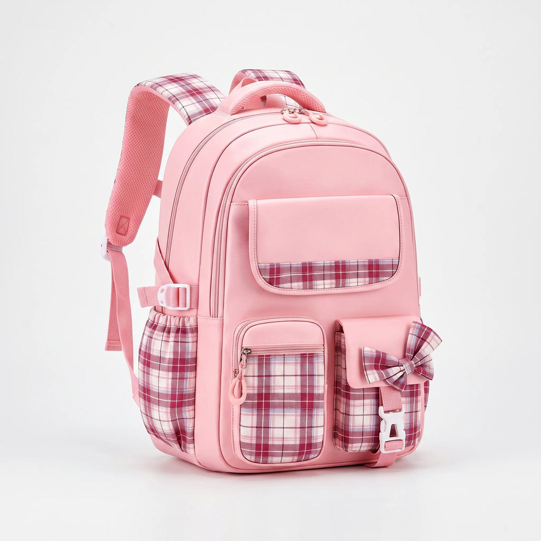 Ergonomic children's checkered rucksack with padded straps, ideal for daily organization in primary school.