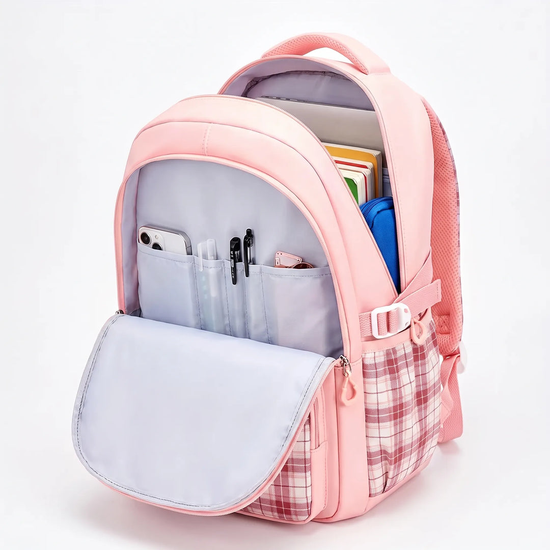 Organized kids' checkered school backpack featuring multiple compartments for books, lunch, and essentials.