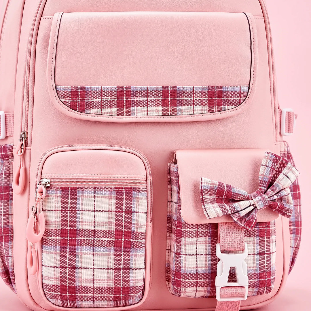 Stylish checkered primary school backpack. Durable water-repellent design for daily student adventures.