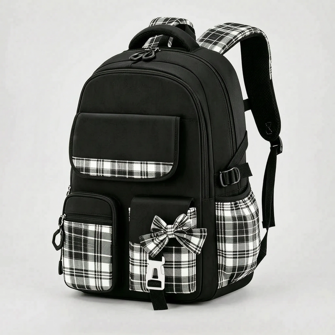 Water-repellent checkered backpack for kids. Keeps primary school supplies dry & safe from spills.