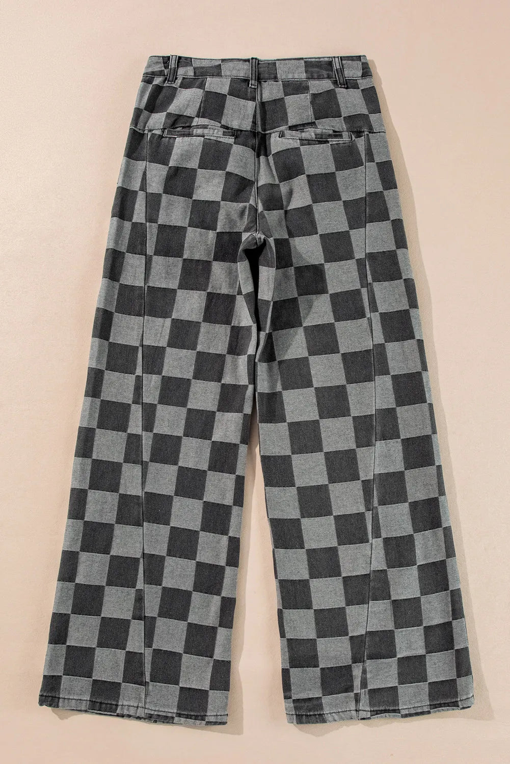 Stylish women's wide-leg checkered jeans, high-waist design with practical pockets, comfortable fit.