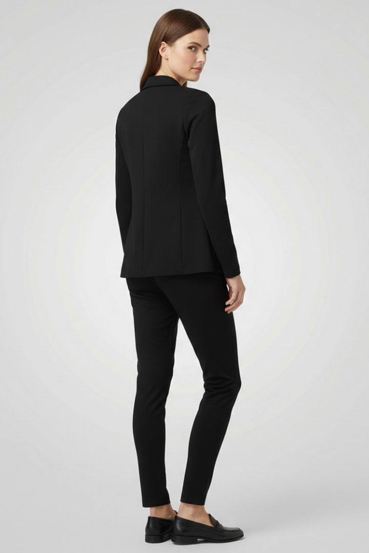 Versatile women's tailored set: lapel blazer and chic trousers, ideal for office or stylish spring fashion.
