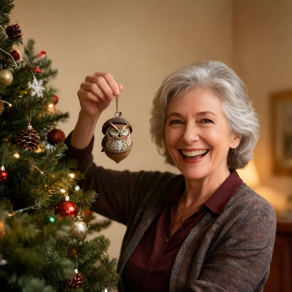 Nature-inspired woodland animal acorn holiday decor, charming Christmas tree ornaments.