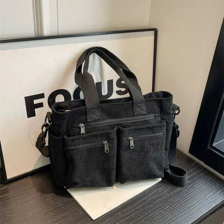 Women's corduroy multi-pocket convertible tote bag. Ideal daily, work & travel bag with versatile carry options.