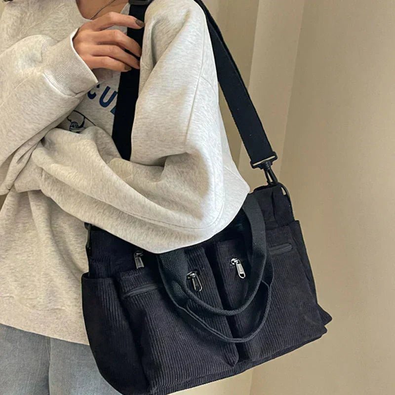 Stylish women's corduroy convertible tote bag. Use as shoulder or crossbody for work, travel & everyday.