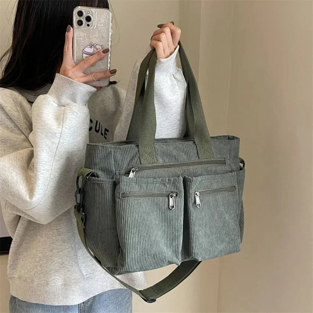 Multi-pocket corduroy tote bag for women. An excellent organizer and travel bag with convertible design.