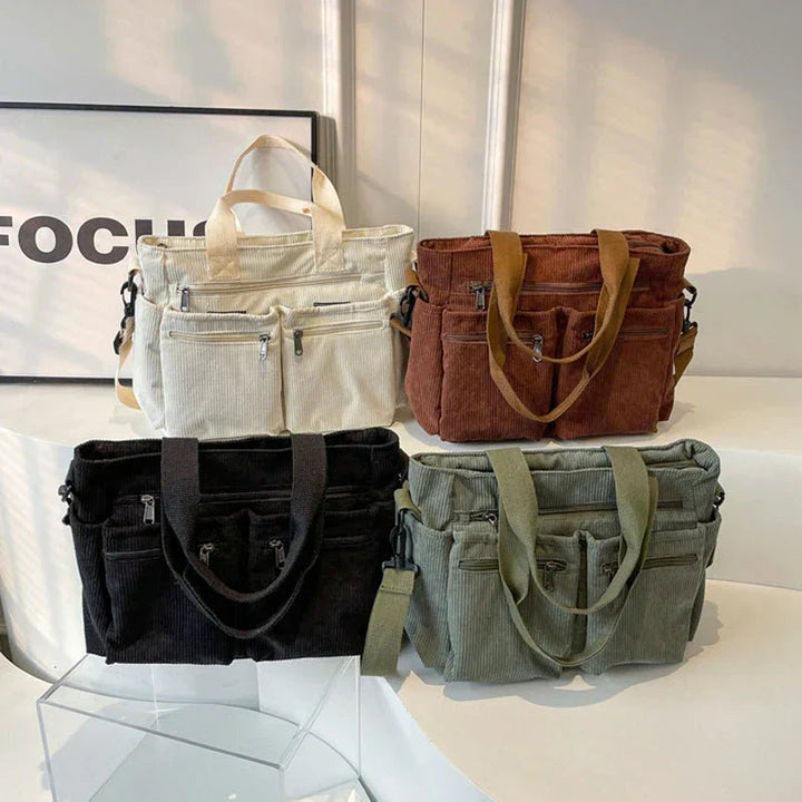 Women's corduroy convertible tote bag. Multi-pocket shoulder & crossbody organizer for stylish daily & travel needs.