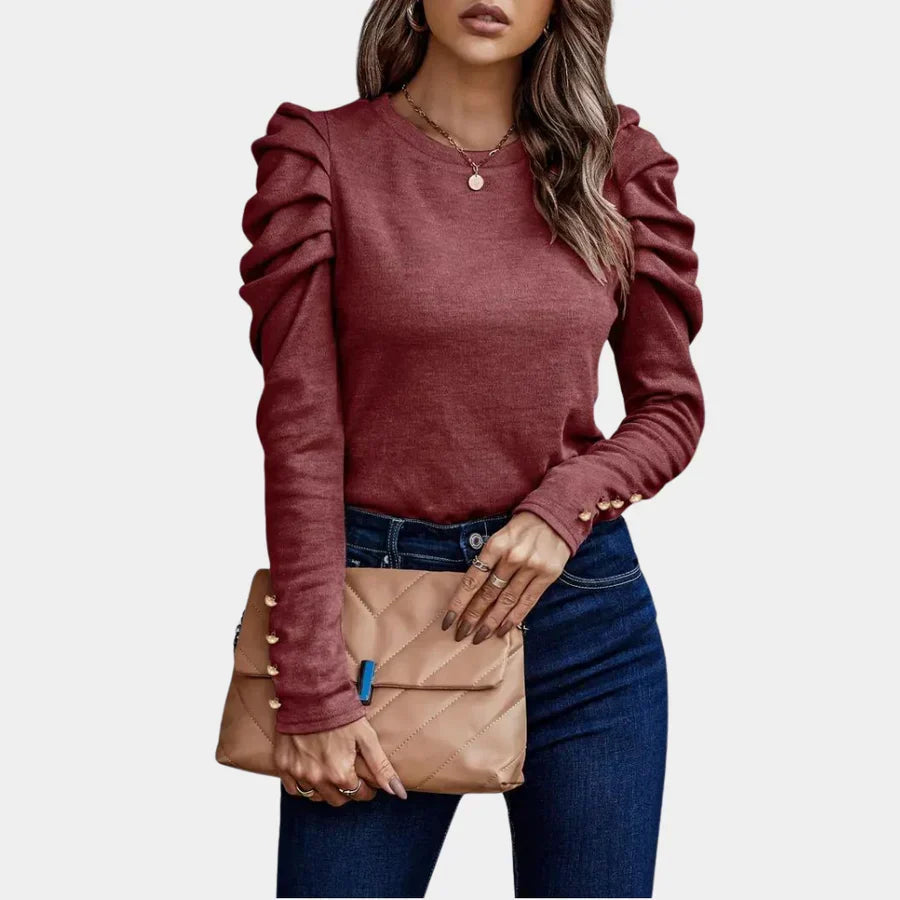 Versatile green puff sleeve blouse, women's long sleeve crewneck top, chic and elegant slim fit.