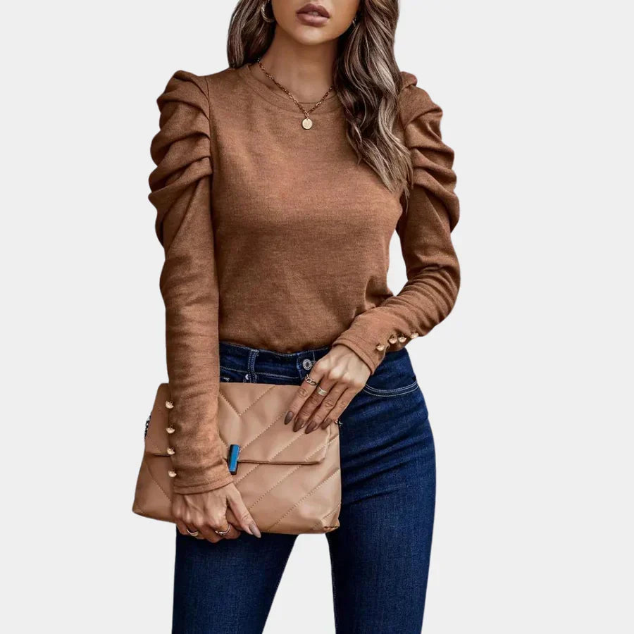 Women's elegant puff sleeve long sleeve blouse, slim fit & crewneck, perfect for modern everyday wear.