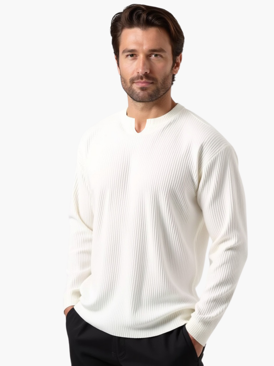 Relaxed fit men's long sleeve shirt in a neutral tone, featuring a chic notched collar design.