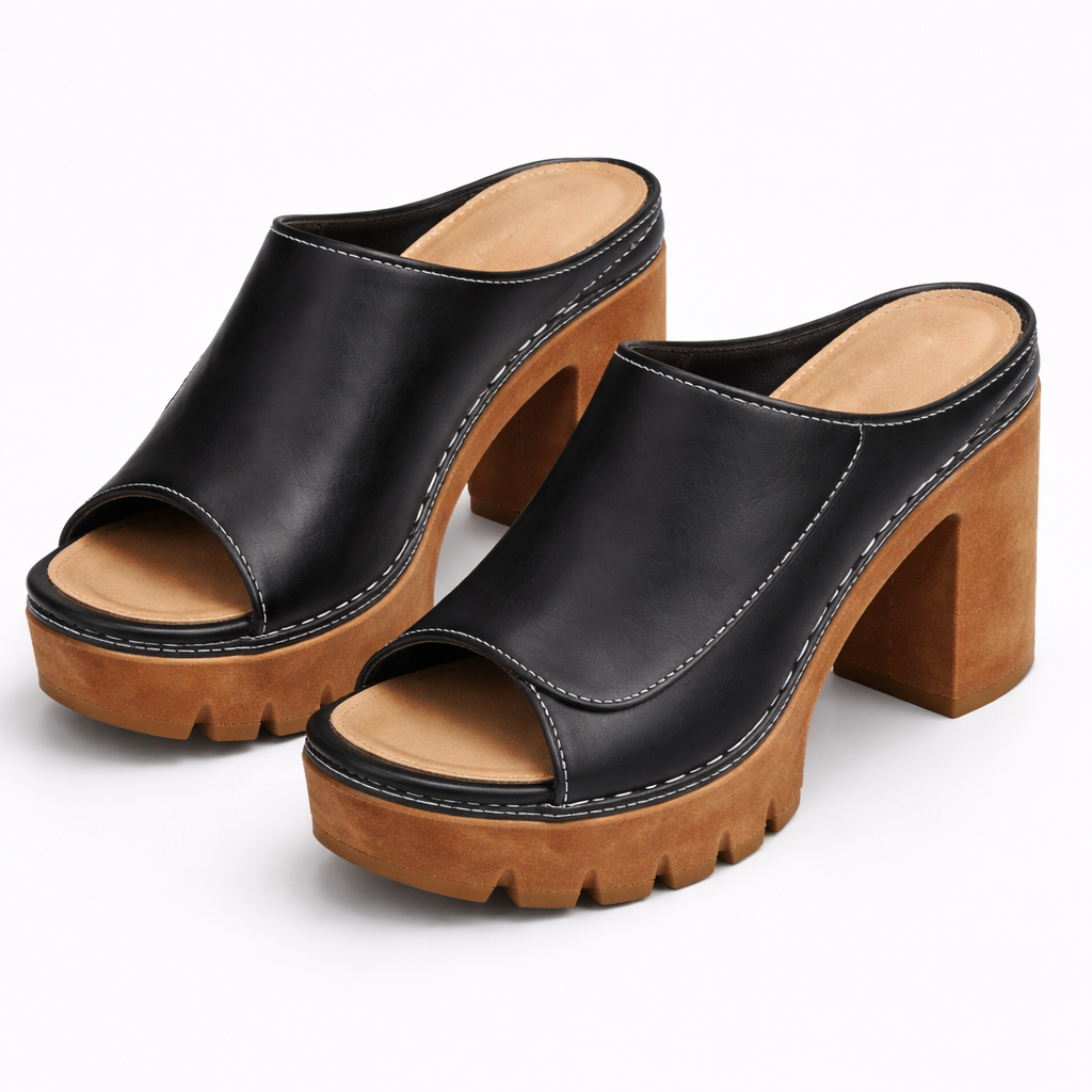 Stylish women's summer footwear: elegant platform block-heel mule sandals. Easy slip-on comfort.