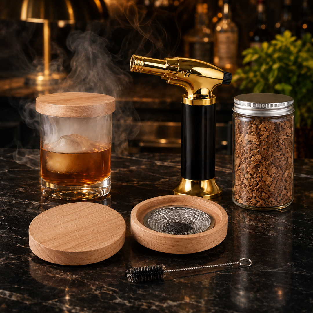 Home bar cocktail smoker kit with torch & wood chips for infusing bourbon & drinks. Perfect mixology tool.