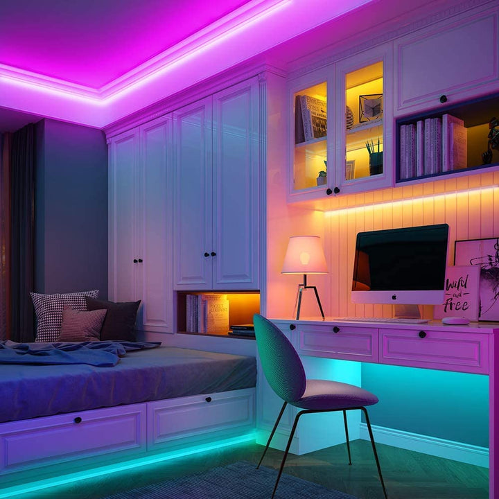 Waterproof RGB LED strip light, color-changing, perfect for smart home accent & mood decor.