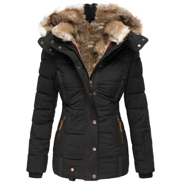 Elegant women's winter puffer coat with detachable hood & plush interior. Offers ultimate warmth against cold.