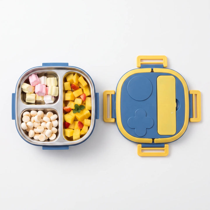 Durable children's bento box, leakproof & portable, made from stainless steel & polypropylene.
