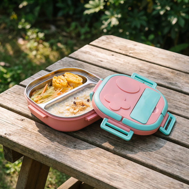 Children's portable food container with 2 or 3 compartments for organized, leakproof school lunches.