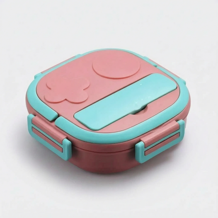 Compact, reusable children's snack box; leakproof 2/3 compartment design for easy, healthy food storage.
