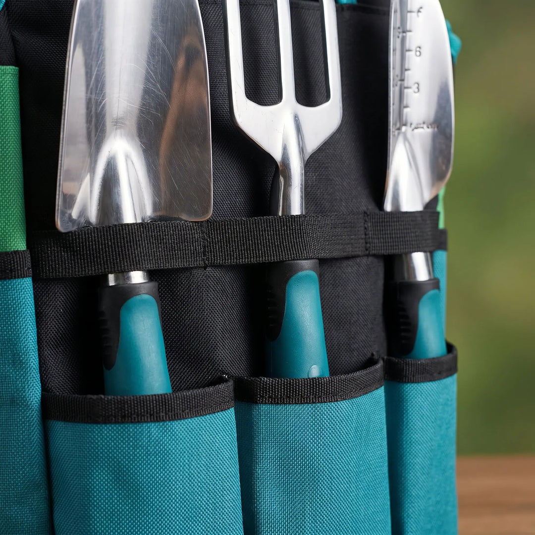 Gardening tool set with sturdy canvas tote bag & kneeling mat for comfortable outdoor or indoor plant care.