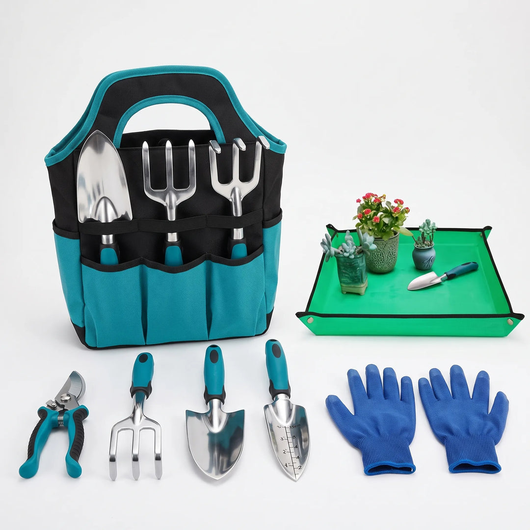 Essential 7-piece garden tool kit: steel hand tools, storage tote & kneeling pad for successful plant care.