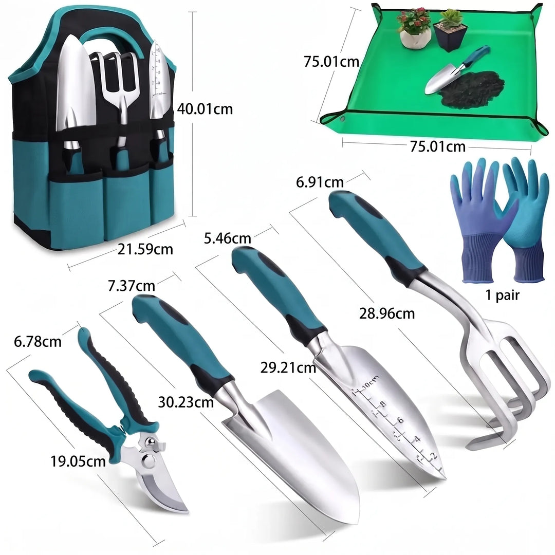 Elegant 7-piece premium gardening tool set, a perfect gardener gift with essential hand tools, tote & mat.