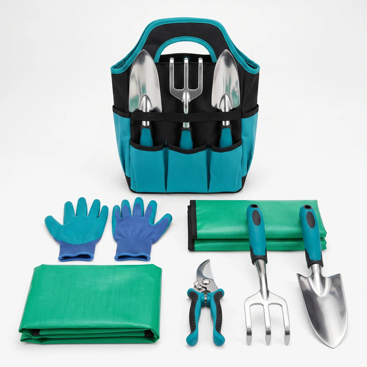 Close-up of premium gardening tools: hand trowel, cultivator, and pruner, part of a 7-piece plant care set.