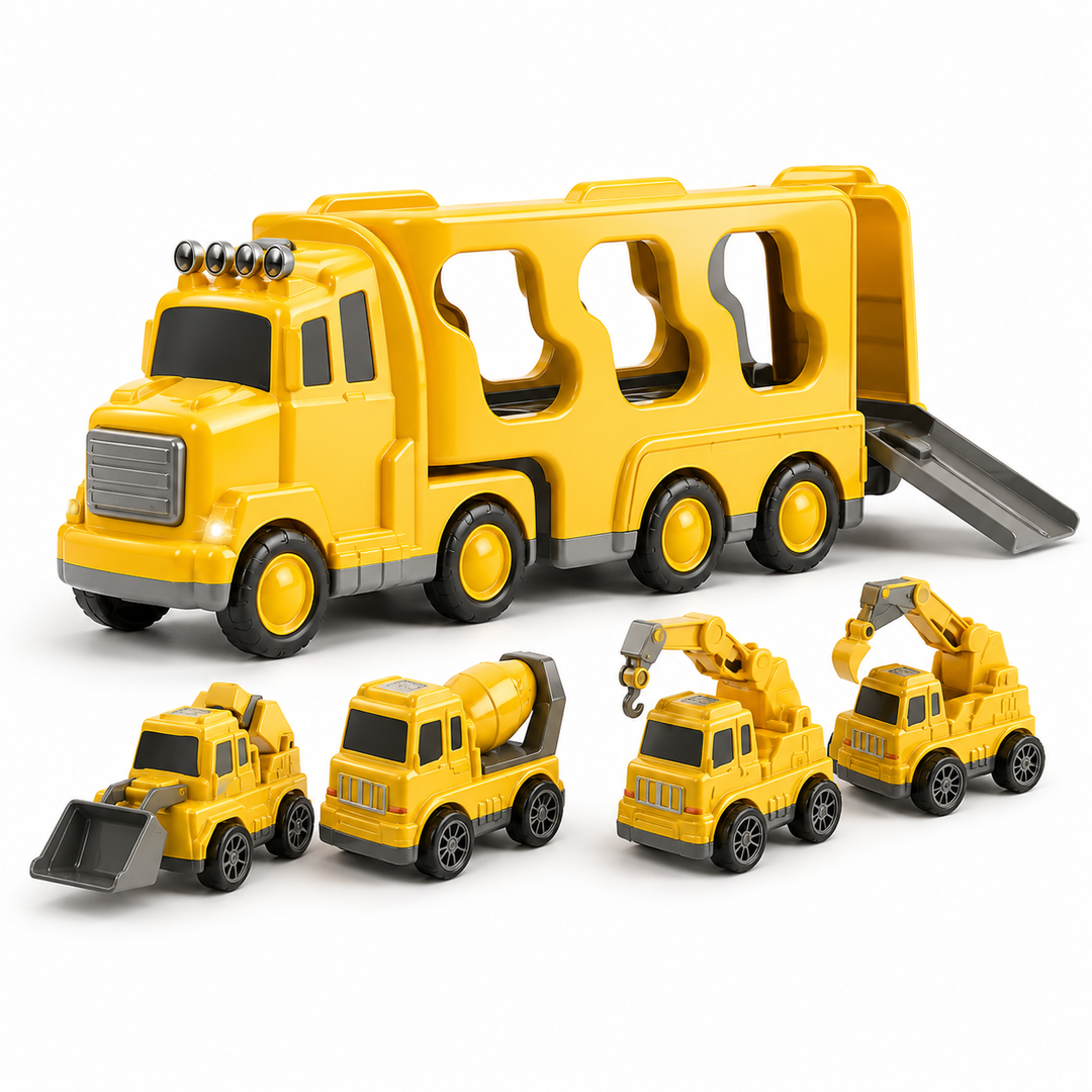 Children's construction vehicle playset featuring a large carrier truck and 4 smaller work vehicles for kids.