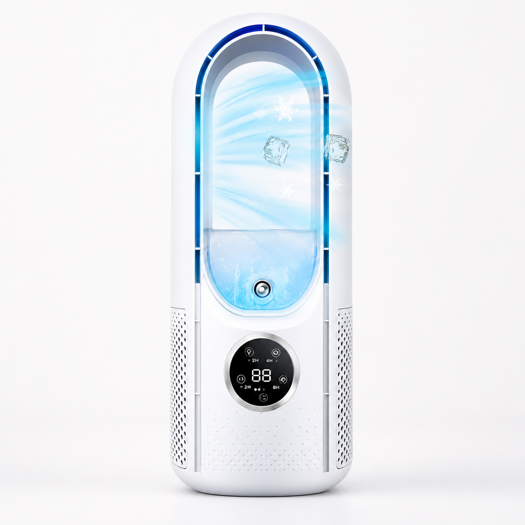 Sleek bladeless air conditioner fan. Provides quiet, personal cooling for a peaceful home or office environment.