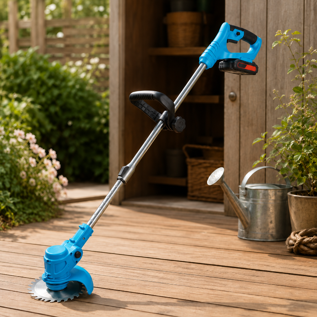 Efficient cordless grass trimmer & edger. Ergonomic design with an adjustable handle for precise garden work.