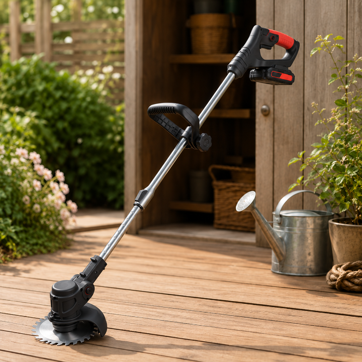 Lightweight cordless grass trimmer, perfect for comfortable weed removal & lawn edging. Adjustable handle for control.