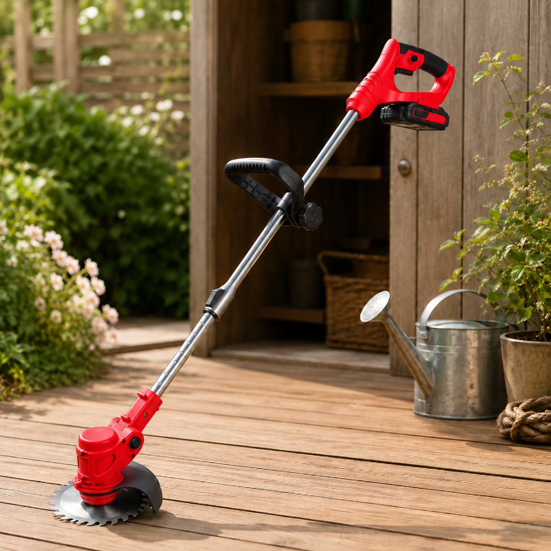 Portable electric weed eater for easy lawn care. Features an adjustable handle for comfortable yard maintenance.