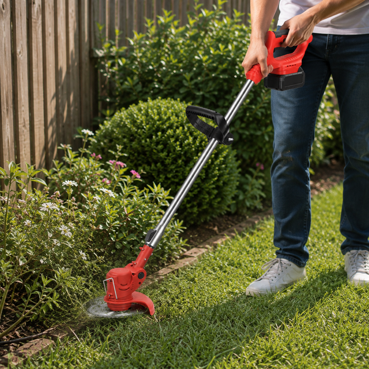 Cordless battery-powered grass trimmer for efficient home garden lawn care. Lightweight design for easy weed control.