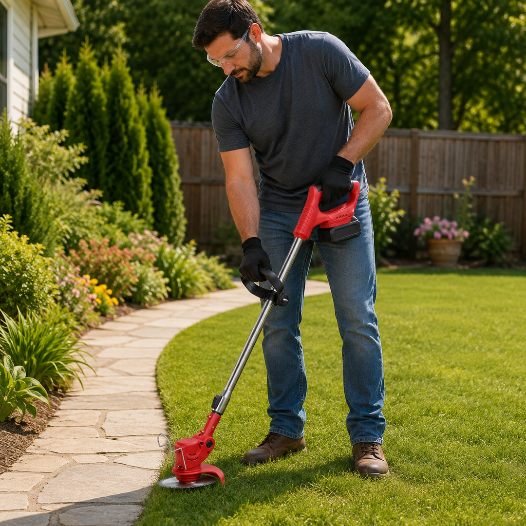 Battery-powered cordless grass trimmer, ideal for home garden lawn edging. Lightweight outdoor tool for easy gardening.