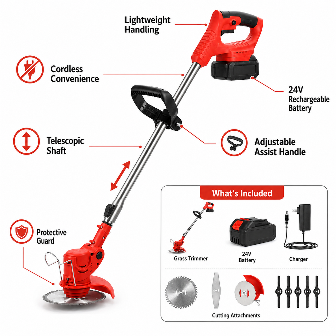 Cordless grass trimmer & edger for home gardens. Lightweight, battery-powered tool for precise lawn care & weed control.