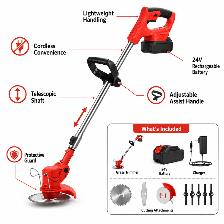 Cordless grass trimmer & edger for home gardens. Lightweight, battery-powered tool for precise lawn care & weed control.