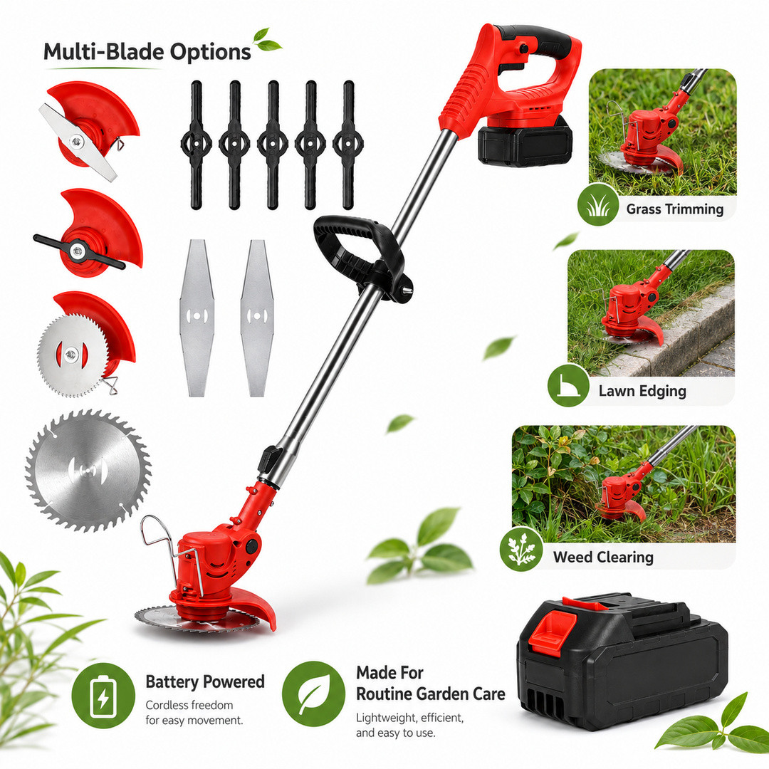 Home garden cordless grass trimmer. Lightweight, battery-powered tool for effortless lawn care, weed control & edging.