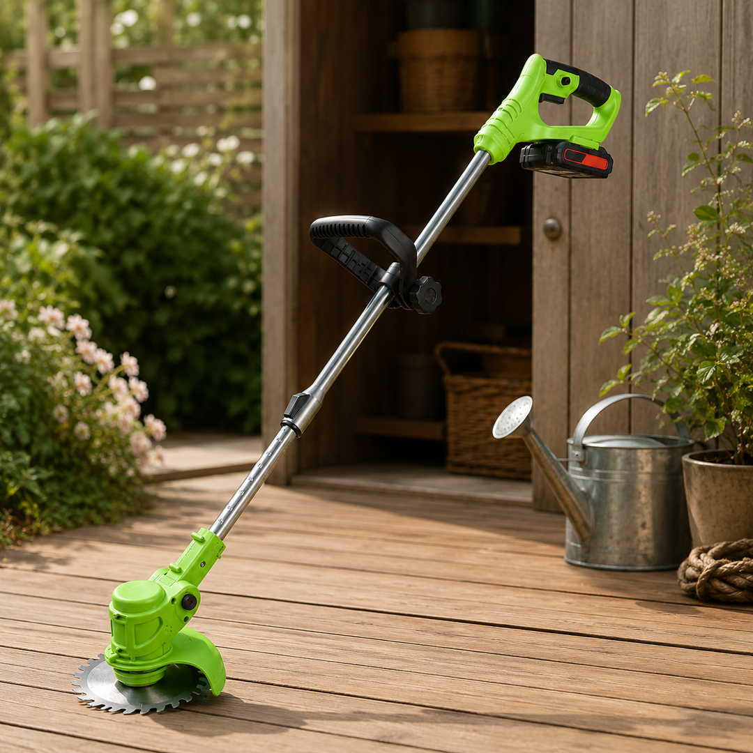 Cordless grass trimmer with ergonomic adjustable handle, ideal for lightweight lawn care & yard maintenance.