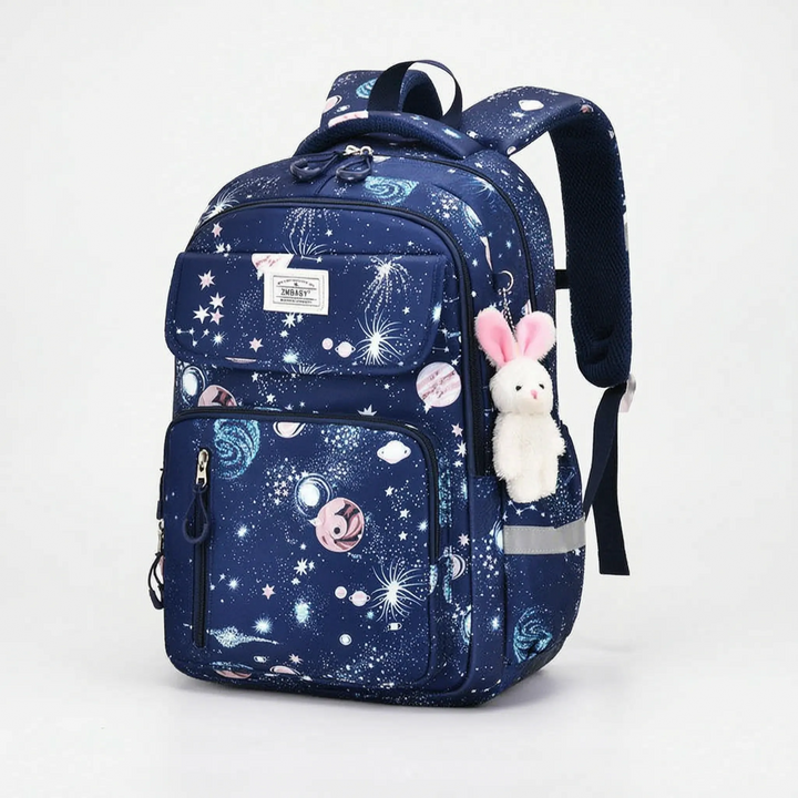 Back view of the children's cosmic school backpack, showcasing padded straps for comfort. Ideal for primary school.
