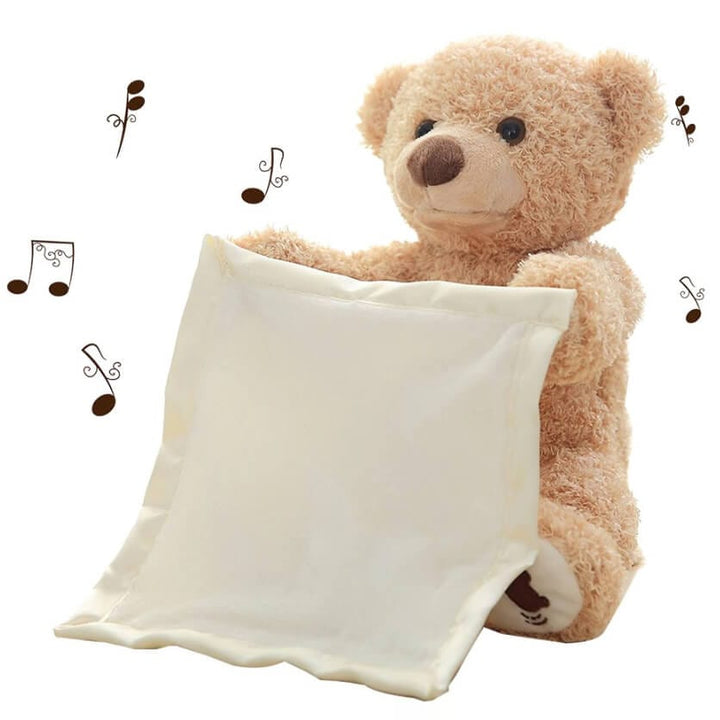 Smiling interactive plush bear with music and games, a fun educational toy for children's learning and play.