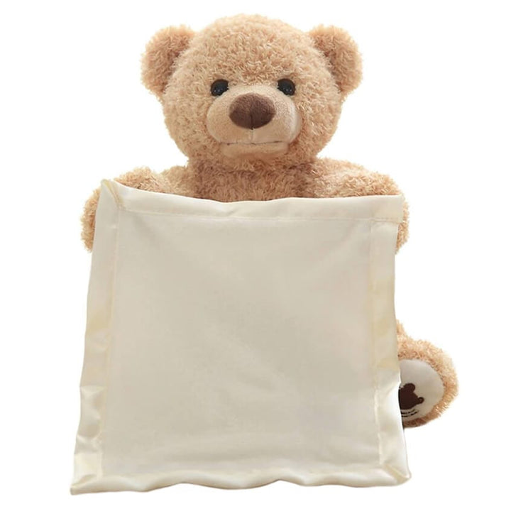 Cuddly plush bear, a soft interactive talking toy and children's playmate for fun hide-and-seek games.