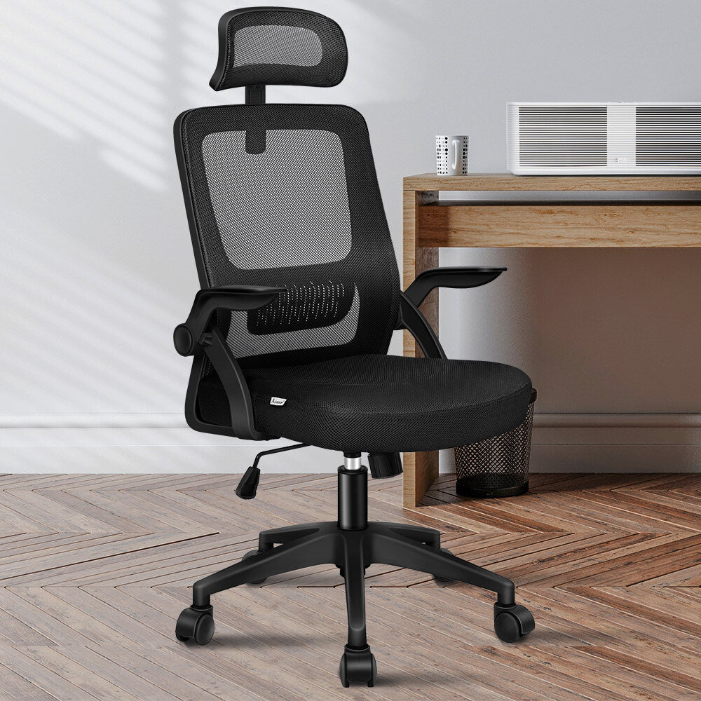 Comfortable ergonomic desk chair featuring breathable mesh back, adjustable lumbar support, and armrests for long hours.