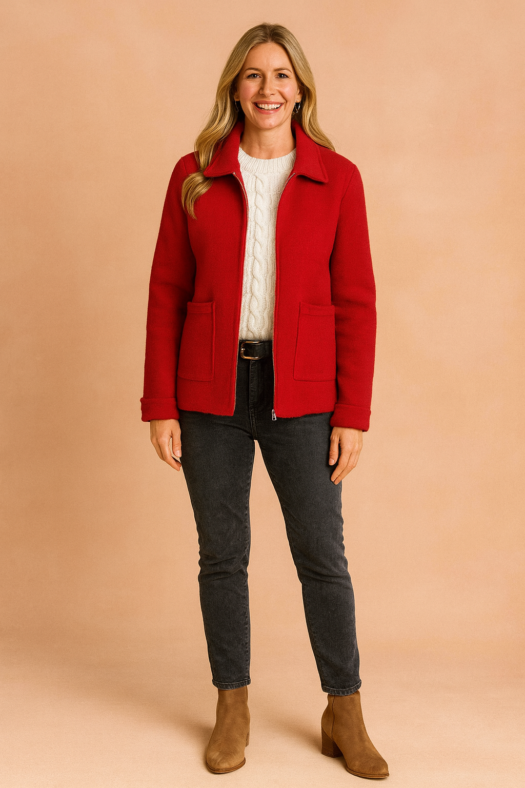 Women's stylish cropped zip jacket with pockets, perfect for versatile everyday wear & fall fashion.