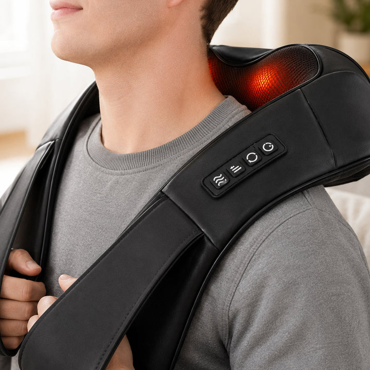 Ergonomic heated neck & shoulder massager showing shiatsu nodes, perfect for deep muscle relief therapy.