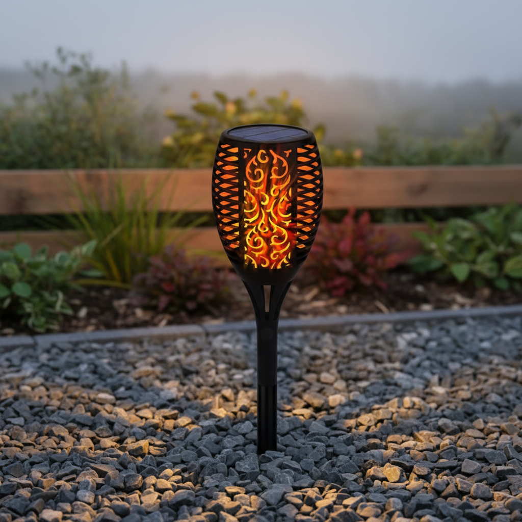 Outdoor solar LED flickering torch light for garden decor, creating a warm, realistic flame effect. Weatherproof & automatic.