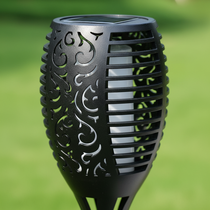 Decorative outdoor solar LED torch light with realistic flickering flame. Ideal for garden decor & ambient lighting.