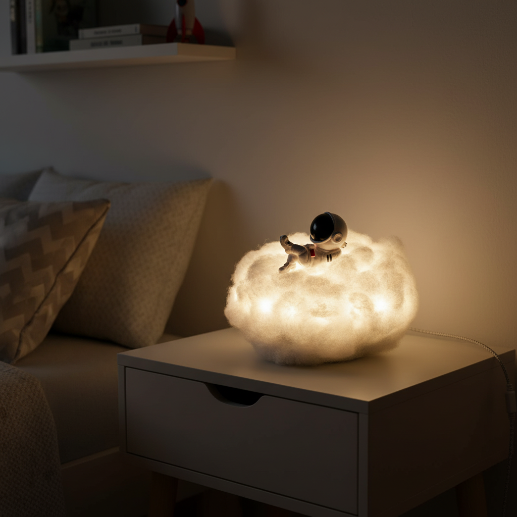 Kids' Starry Cloud Night Light with astronaut, perfect for nursery & children's room decor. USB rechargeable LED lamp.