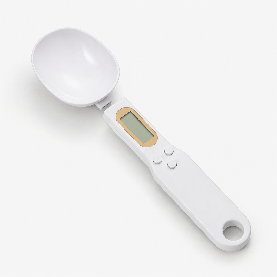 Using smart digital measuring spoon to accurately weigh spices for baking. Essential kitchen gadget for precision cooking.