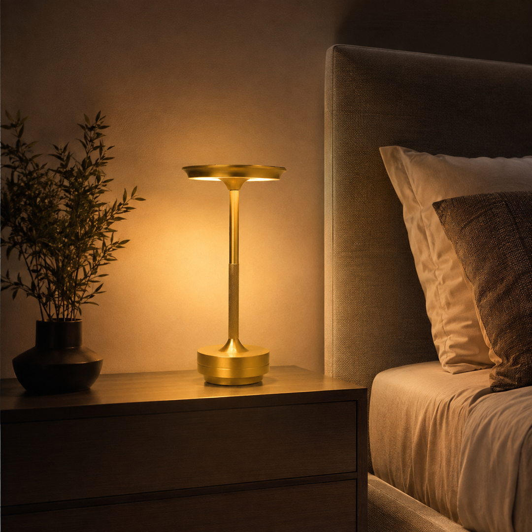 Cordless dimmable table lamp with modern metallic design. Perfect for living room, bedroom, or desk.