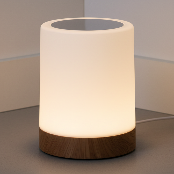 Minimalist modern dimmable bedside lamp, LED touch light for bedroom nightstand, provides gentle ambiance.