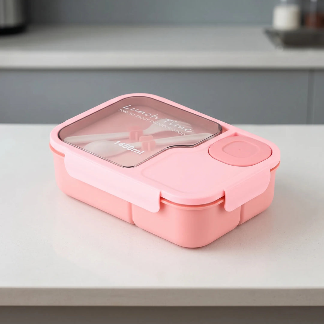 Multi-compartment meal prep bento box with built-in utensils for organized, healthy lunches.
