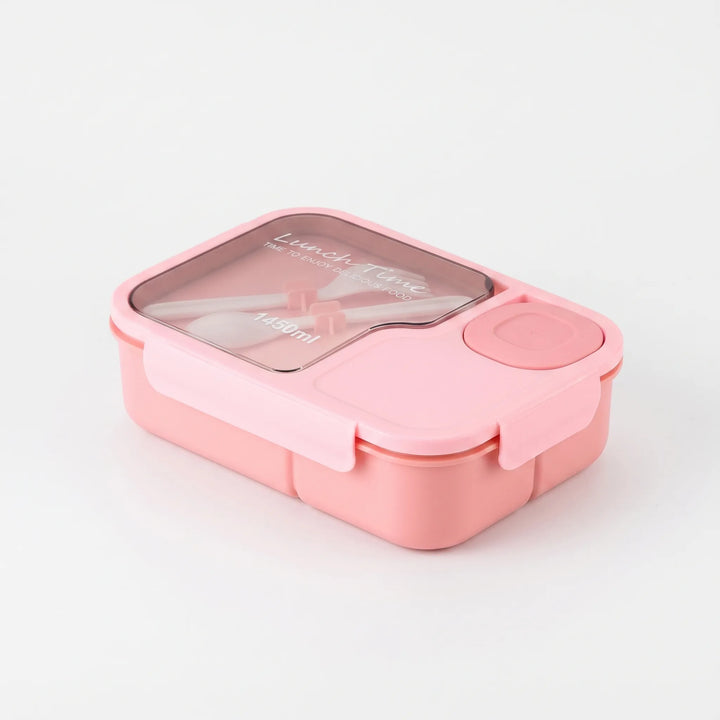 Portable multi-compartment bento box for adult, school, or work lunches, includes reusable utensils.